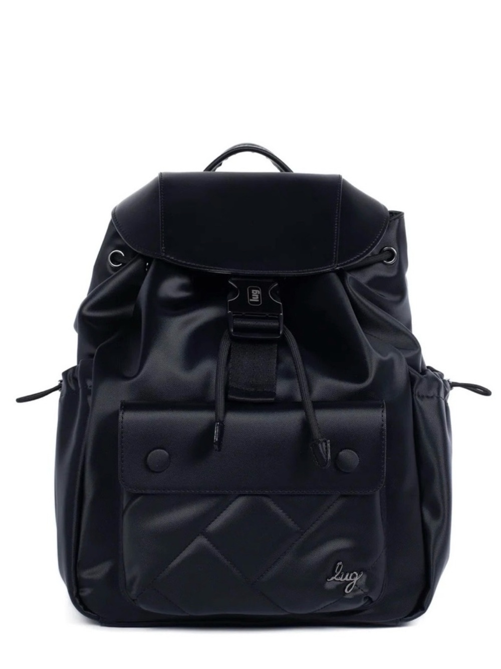 Lug Wiffle Satin Lux Vegan Leather Black Quilted Pocket Backpack with Drawstring
